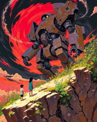 A large broken robot stands on a rocky cliff with two children nearby, under a swirling red and black abstract sky with vibrant plants growing through rock cracks.
