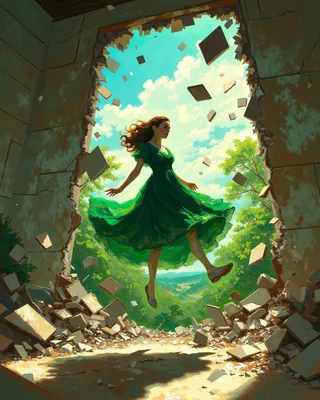 Woman in a flowing green dress floating mid-air amidst floating debris and rubble inside a broken wall with sunlight streaming through and lush greenery outside.