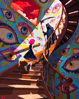 A girl with bright pink hair wearing a black dress walks up a wooden spiral staircase with a railing. At the top, a cloaked figure representing death holds a scythe. The walls around the staircase are covered with colorful abstract paintings featuring numerous eye-like shapes. Above, a window reveals a red cloudy sky.