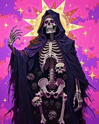 A hooded skeleton figure wearing a dark cloak surrounded by numerous skulls, with an outstretched hand and a radiant yellow halo against a pink and purple starry background.