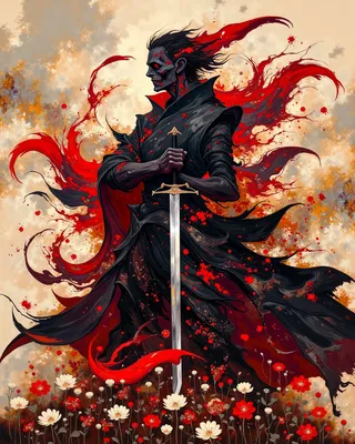 Dark figure holding a large sword surrounded by red and black abstract swirls, with splashes of red and white, standing over red and white flowers against an earthy toned background.