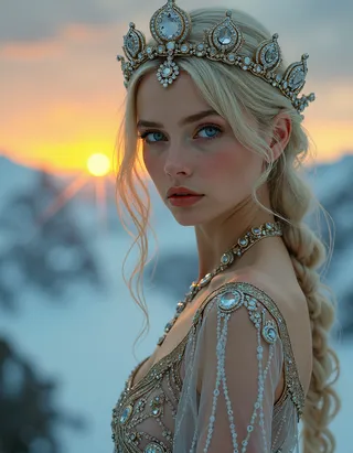 Portrait of a slim Icelandic maiden with piercing blue eyes and platinum blonde hair wearing a jeweled tiara and intricate silver dress, standing before a soft sunset background.
