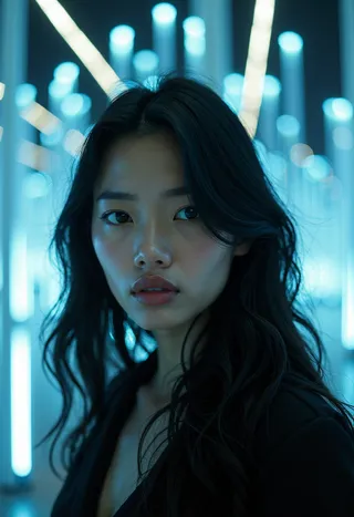 Portrait of a petite Indonesian woman with long black hair and a doe-like gaze, illuminated by futuristic blue lighting in an interactive light art environment.
