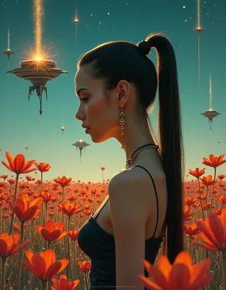 Profile of a slim Egyptian siren with a sleek ponytail and olive-toned skin, standing in a vibrant field of glowing orange wildflowers beneath a twilight sky with futuristic spacecraft and twinkling stars.