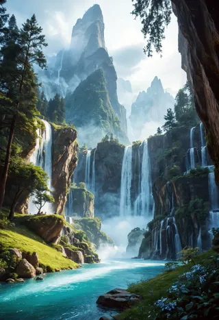 A majestic ancient waterfall surrounded by towering mountains, glowing mist, lush greenery, and a serene river flowing through the valley under soft daylight.