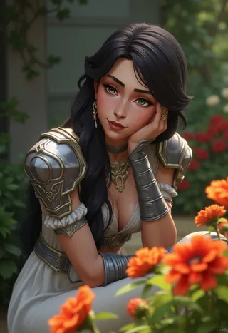 Mature female figure in arcane style adorned with ornate silver armor and flowing white dress sitting contemplatively in a vibrant garden with orange flowers.
