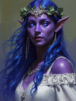 Portrait of an elf queen with dark purple skin and glowing cyan eyes, long blue hair, wearing a white dress with silver ornaments and a leaf wreath headpiece.