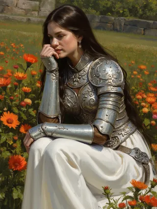 A female figure wearing ornate silver armor and a flowing white dress sitting thoughtfully in a vibrant garden filled with orange flowers and green foliage.