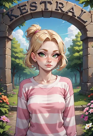 Close-up portrait of a blonde girl with green eyes and a pink and white striped shirt standing in a wooded park under a stone archway labeled KESTRAL with flowers and trees in the background.