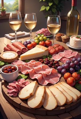 Anime style illustration of a fancy charcuterie board featuring an assortment of cold cuts, cured meats, various cheeses, grapes, sundried tomatoes, and three glasses of white wine on a wooden table.