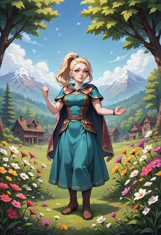 A blonde princess with a top ponytail wearing a teal dress and adventurer cape stands in a colorful flower field with an old village and snow capped mountains in the background under a tree canopy.