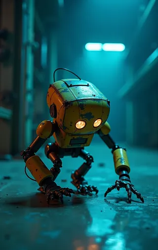 A small, yellow, worn robot with glowing eyes crawling on a metallic floor under blue lights in a dim futuristic room.