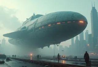 A colossal mega spaceship descending onto a landing platform amid smoke and fog, surrounded by a futuristic city skyline with tall buildings and silhouettes of people.