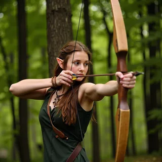 Side view of an elf woman with long brown hair and pointy ears aiming a wooden bow and arrow in a green forest setting.