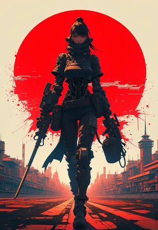 Cyborg samurai woman in cyberpunk style walking forward with a large red sun splattered behind her and futuristic city buildings on both sides.