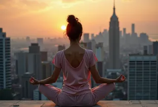A spiritual woman meditating in a lotus pose on a city rooftop at dusk with the sun setting and an urban skyline in the background.