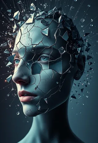 A surreal shattered human face with geometric glass shards suspended mid-air, connected by glowing threads in blue and purple tones, exhibiting cubist and pointillist styles.