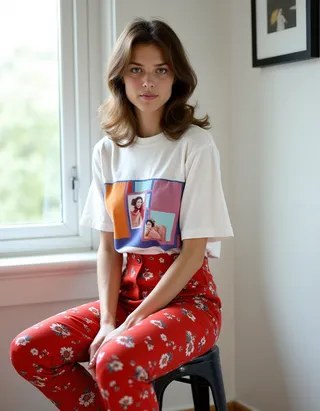 Una giovane donna con capelli mossi sciolti è seduta su uno sgabello nero in metallo in una stanza illuminata dolcemente, indossando una T-shirt bianca grafica e pantaloni floreali rossi.