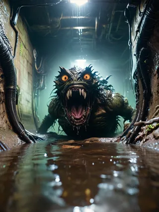 A monstrous creature with large orange eyes and sharp teeth lunges forward in a wet and dirty sewer tunnel, captured from a low cinematic point of view with dramatic lighting.