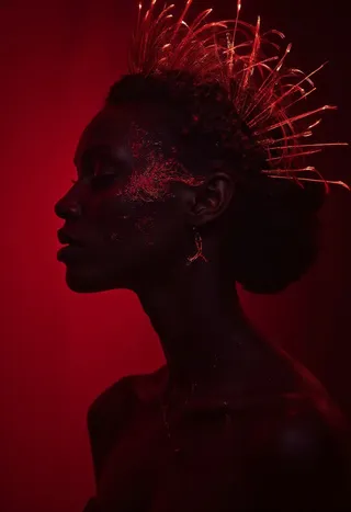 Side-profile silhouette of a girl illuminated by dark scarlet chemiluminescent light and intricate glowing red details, styled with Ashley Wood and Stephen Gammell influences.
