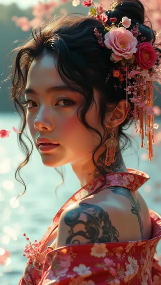 Portrait of a Japanese teenage girl in a floral kimono with exposed shoulders and tattoos, floral hair decorations, and falling petals by a lake background.