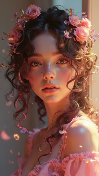 Portrait of a beautiful girl with curly hair adorned with a flower crown of pink roses, wearing a pink dress, illuminated with soft warm lighting.