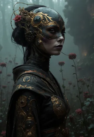 Profile of a cyborg geisha wearing a carbon fiber mask with black and gold filigree, standing in a misty dark sci-fi swamp filled with rotting flowers and cyborg tattoos visible on her skin.