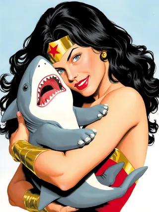 Wonder Woman in Alex Ross vintage comicbook style hugging a cute pet shark with dog-like paws and a wide smile.