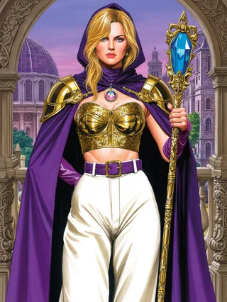 A female sorceress wearing ornate golden cropped breastplate and purple hooded cloak, holding a blue crystal-topped staff, standing before a fantasy town with purple stained glass domes.