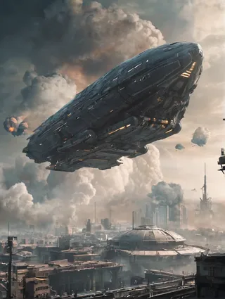 A massive mega spaceship is descending towards a platform in a smoky, futuristic cityscape under a dramatic cloudy sky.