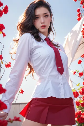 Young woman in a Korean school uniform with a red skirt and white shirt poses outdoors among red flowers under bright sunlight.