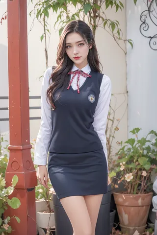 A young Korean woman in a school uniform with a slate blue skirt and moss green shirt, posing outdoors with bright sunlight and natural plants in the background.