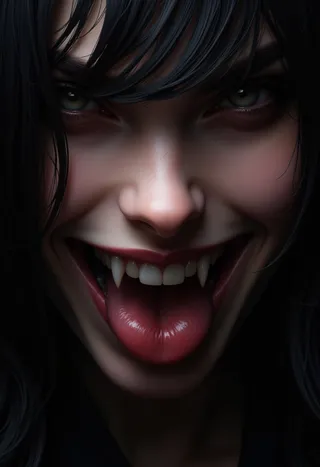 Close-up portrait of a girl with black hair showing sharp fangs and tongue out, realistic lighting and high definition detail.