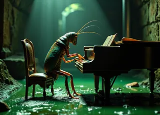 Hyper-realistic cockroach masterfully playing grand piano in a dimly lit sewer with cinematic lighting and moody atmosphere