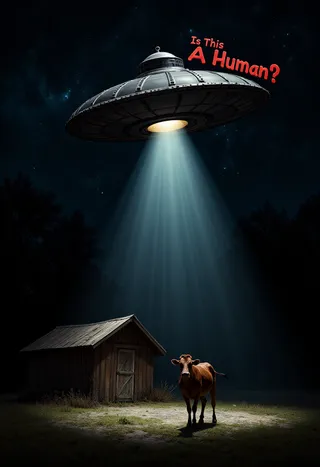 A hyper-realistic night scene showing a metallic UFO shining a spotlight on a lone brown cow standing in front of a rustic wooden barn, with large red 3D text reading 'Is This A Human?' overhead.