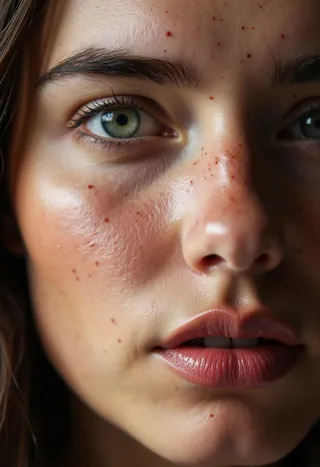 Close-up shot of a woman's face highlighting her left green eye, freckled smooth skin, and soft pink lips with lighting accentuating her skin texture.