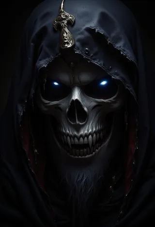 Closeup hyperdetailed portrait of a death figure with a skull face, glowing blue eyes, wearing torn black hooded robes and adorned with a decorative scythe piece.