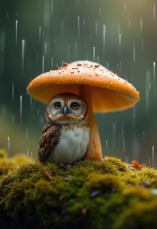 A small owl with soft brown and white feathers sheltered beneath a bright orange mushroom in gentle rain, perched on lush green moss with a blurred natural background.