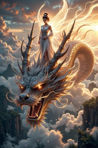 A beautiful fairy dressed in flowing white robes stands confidently between the glowing horns of a partially visible Eastern dragon emerging from thick clouds at sunset, with vibrant glowing scales and ethereal wings.