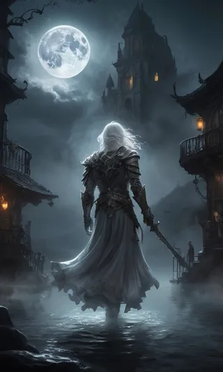 A soul knight with white hair and ornate armor levitates in a misty night scene under a bright full moon, standing in shallow water near a fantasy tavern.