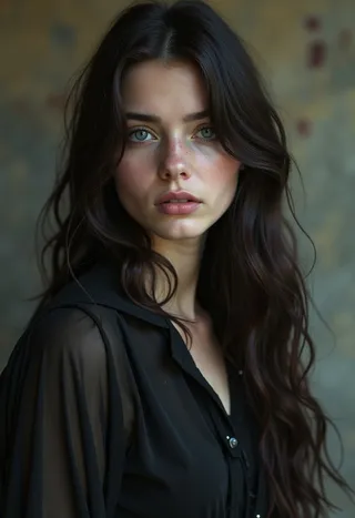Close-up portrait of a reserved teenage girl with long dark hair and green eyes, wearing a black sheer blouse, styled in a modern vintage look.