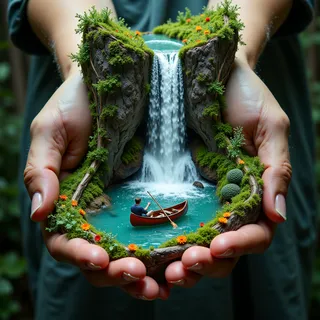 A highly detailed, surreal scene showing a pair of human hands gently holding a miniature lake bordered by moss and flowers, a small canoe with a fisherman, and a waterfall cascading from a cliff above.