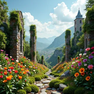 A vibrant flowery stone ruins pathway leading into a mountain valley with colorful flowers, lush plants, and a distant church tower under a sunny sky.