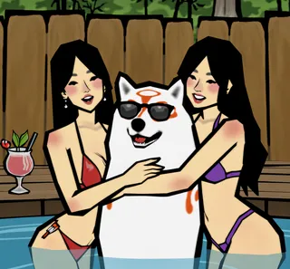 White wolf wearing sunglasses partially submerged in a jacuzzi, embraced by two women in bikinis, with a cocktail on the side, depicted in Okami style.