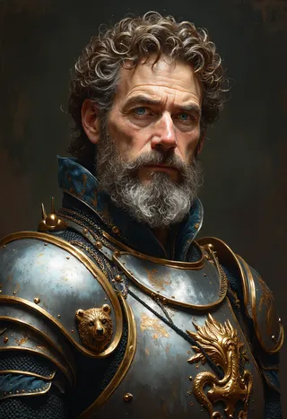 Distinguished middle-aged captain of the guards with chestnut curly hair, gray beard, and striking blue eyes wearing ornate armor featuring a golden bear crest