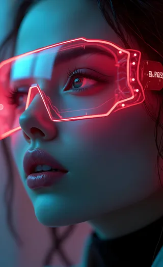 Close-up portrait of a woman wearing futuristic cyberpunk glasses with vibrant neon lights and holographic display, showcasing detailed facial features and glossy lips.