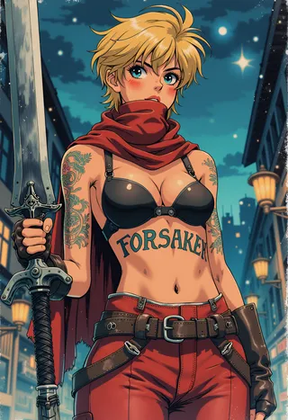 Anime-style blonde woman with short spiky hair, wearing a red scarf covering her face, black leather bra, red pants, and brown leather gloves and boots, holding a large mechanical two-handed sword in a steampunk city at night, with FORSAKEN tattoo on her stomach and runic tattoos on her arms.