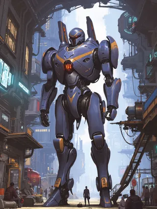 A giant blue and orange mecha robot stands on standby inside a detailed grungetech hangar interior with stairs leading to platforms equipped with control panels, surrounded by futuristic city structures and people.