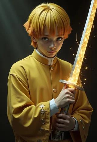 Handsome boy with yellow hair, dressed in a yellow Victorian-style outfit, holding a glowing katana sword hilt emitting sparks in dark digital art style.