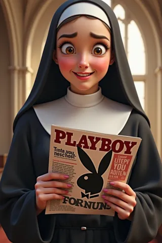 Anime-style nun with a big smile and blushing cheeks holding a Playboy magazine inside a church interior.